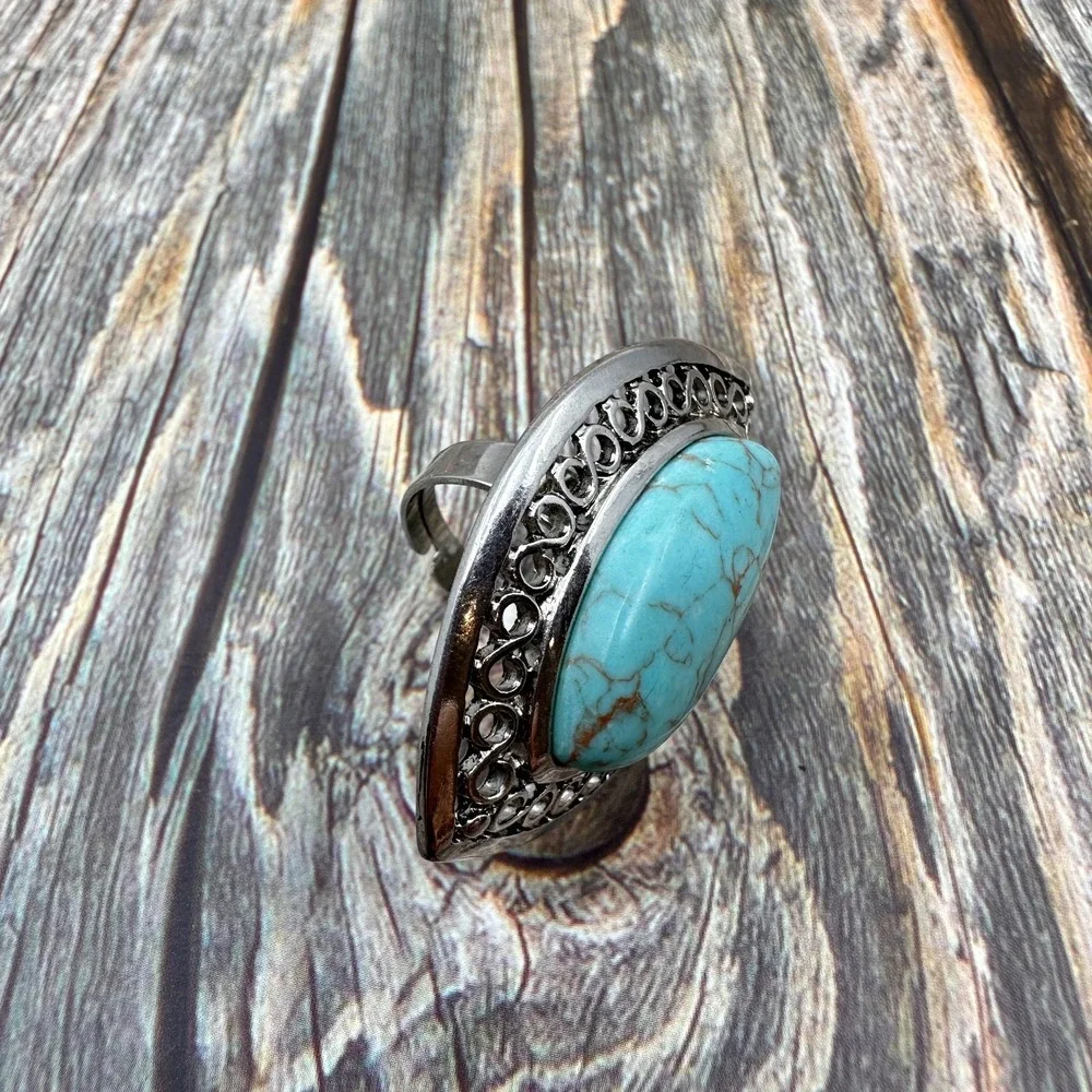 Boho Turquoise Oval Statement Ring Silver Tone Filigree Adjustable Vintage Gift